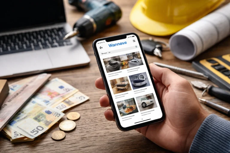 Personne consultant des annonces sur Wannonce sur smartphone avec outils de bricolage et billets, illustrant les risques d’arnaques lors d’un achat