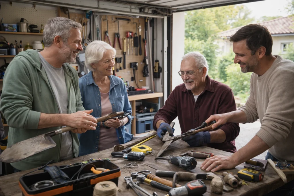 Tovaraf : voisins réparant ensemble des outils de jardinage lors d’un atelier bricolage dans un garage ouvert