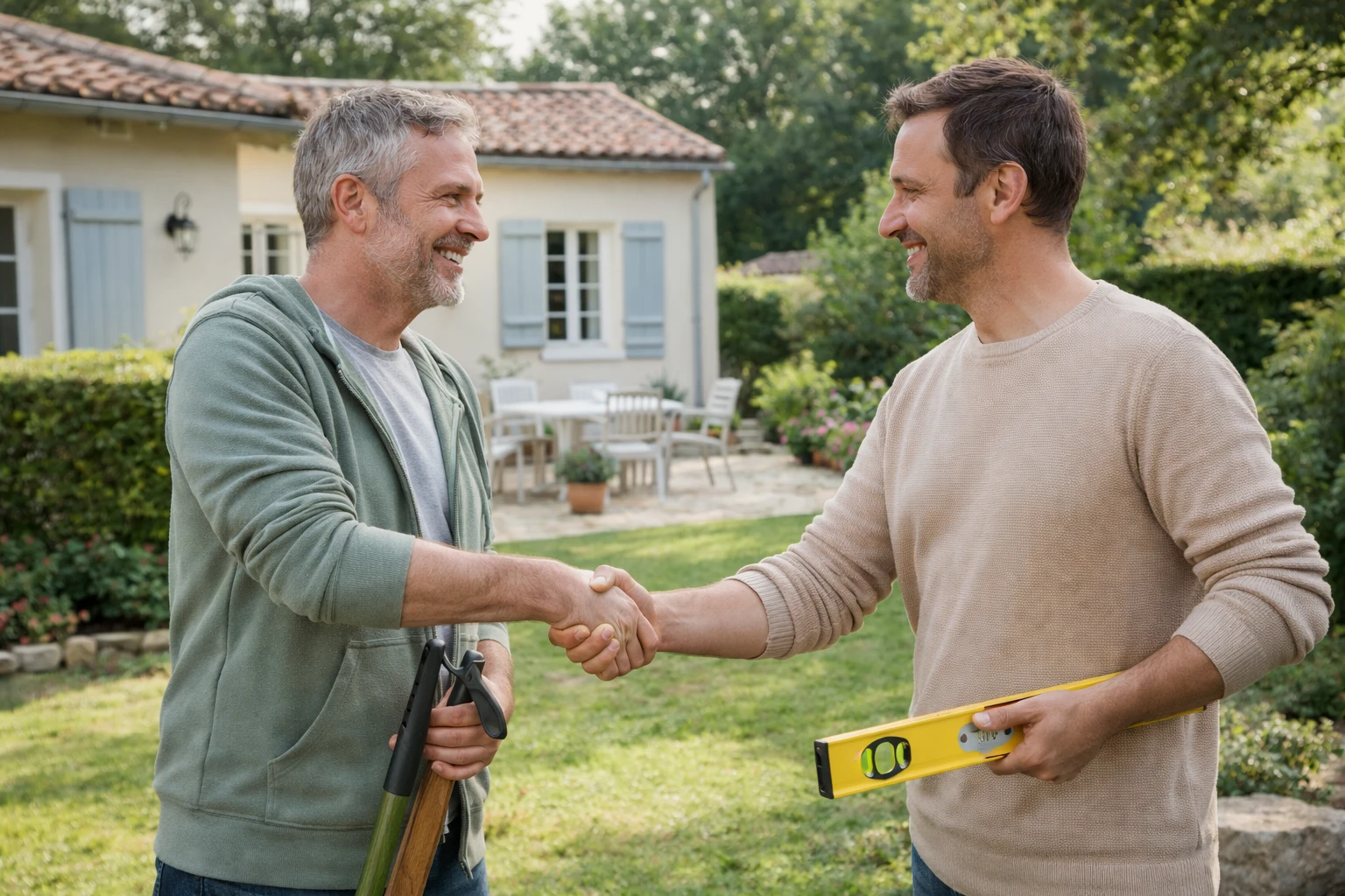 Tovaraf : deux voisins se serrant la main dans un jardin résidentiel, l’un tenant des outils de jardinage et l’autre un niveau à bulle