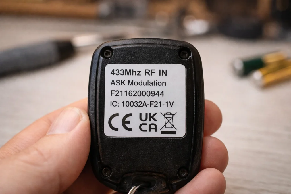 Étiquette technique télécommande de portail