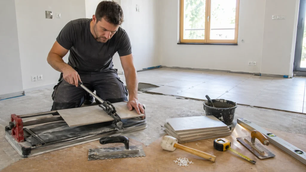 Découpe de carrelage avec un coupe-carreaux dans une pièce en rénovation