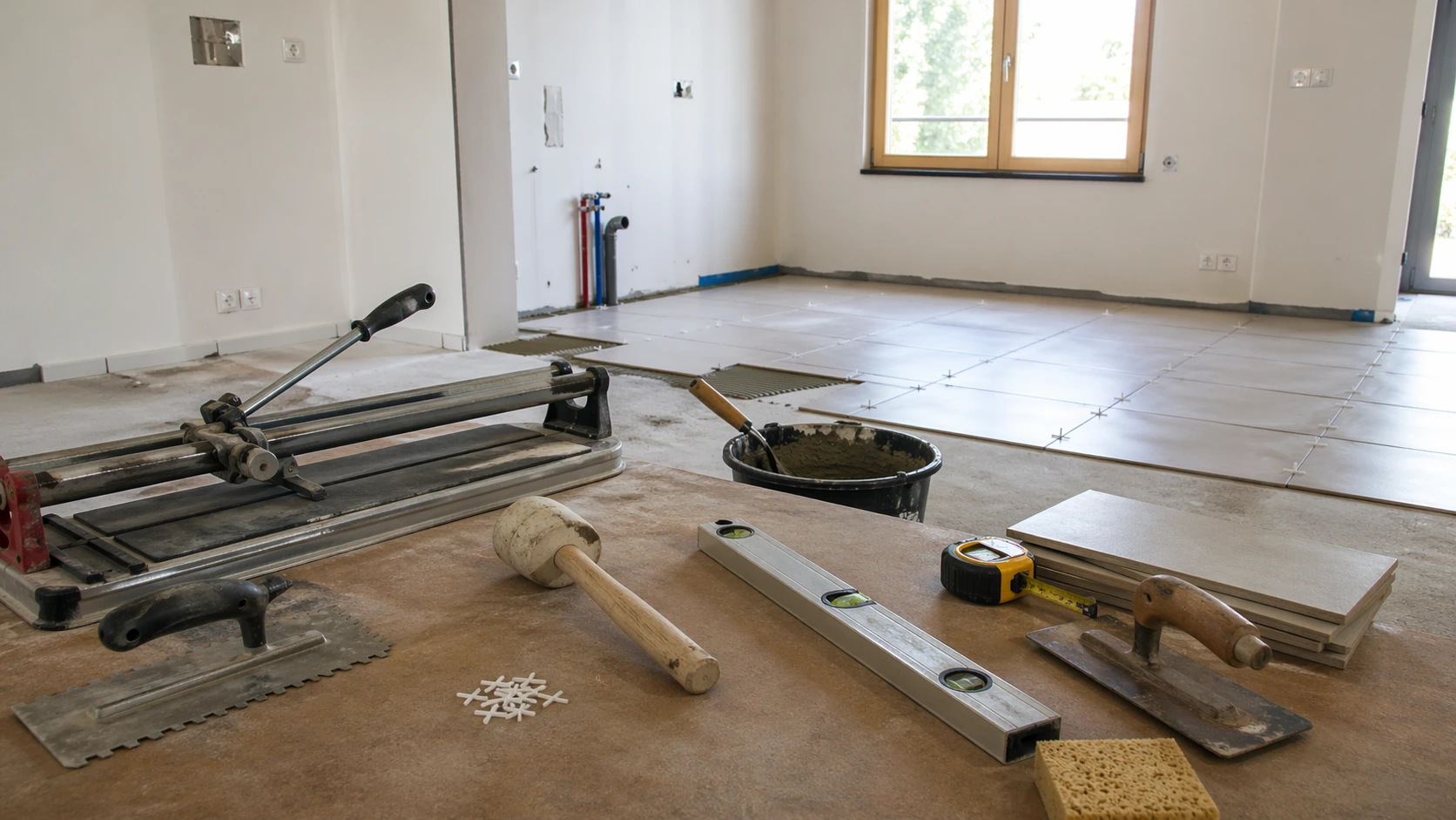 Outils pour le carrelage disposés sur un chantier de rénovation