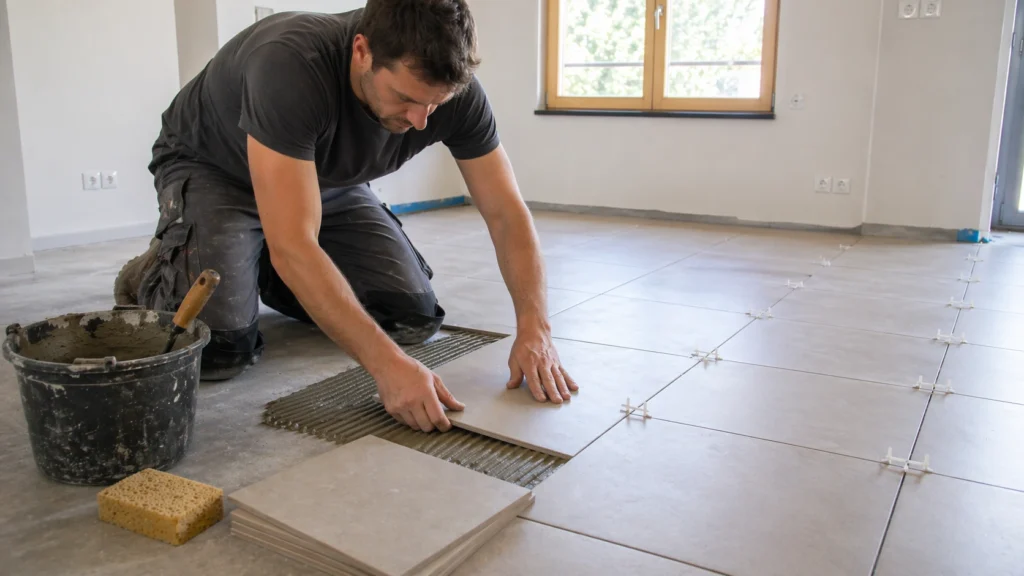 Pose de carrelage au sol avec croisillons dans un intérieur en rénovation