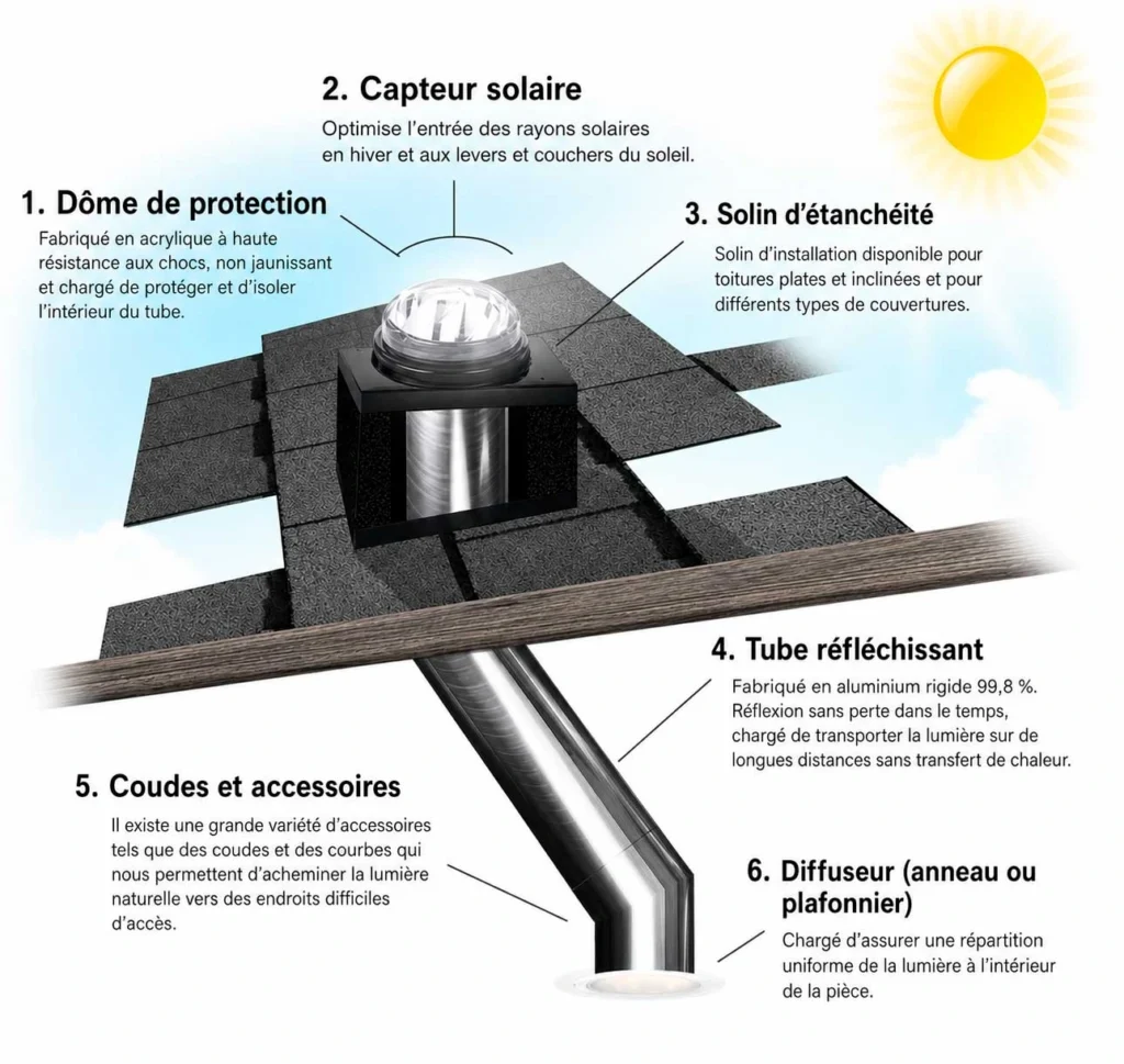 Schéma d’un puits de lumière pour toit avec dôme, solin d’étanchéité, tube réfléchissant et diffuseur intérieur