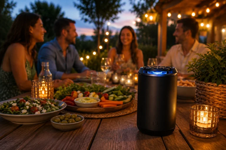 Diffuseur anti-moustiques Thermacell posé sur une table lors d’un dîner entre amis en terrasse au coucher du soleil.