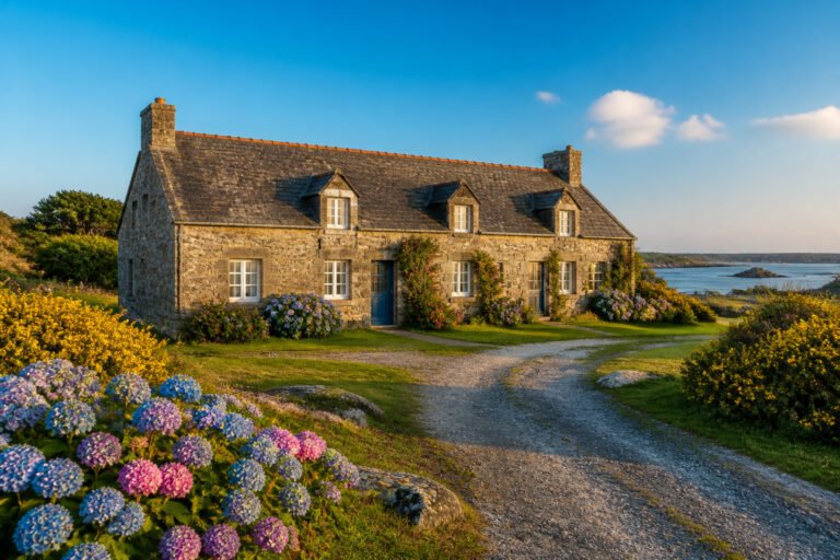 Longere bretonne au soleil couchant