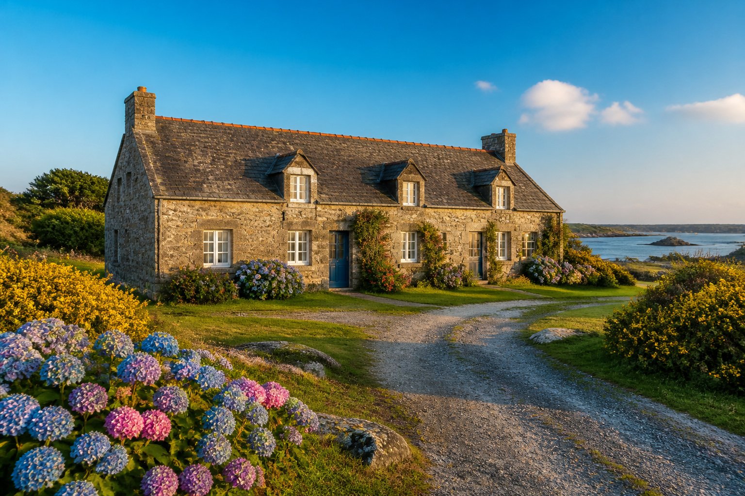 Longere bretonne au soleil couchant