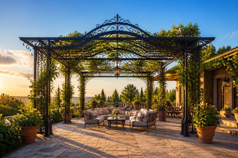 Pergola elegante dans un jardin au crepuscule