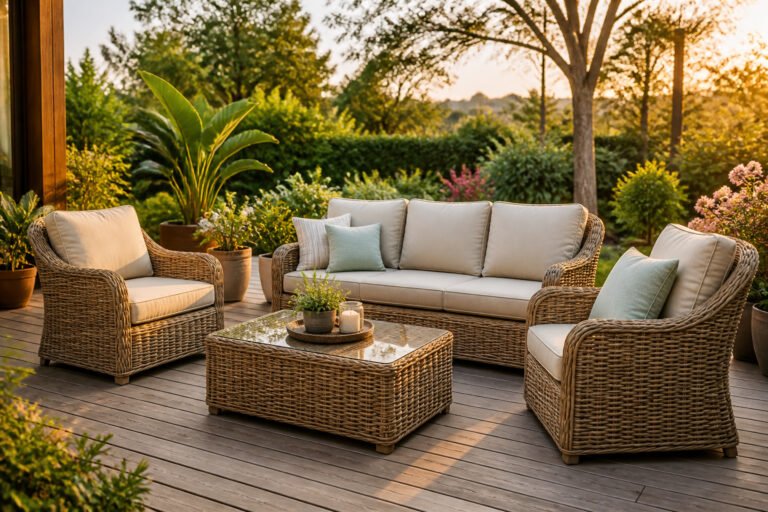 Salon de jardin en rotin au soleil couchant