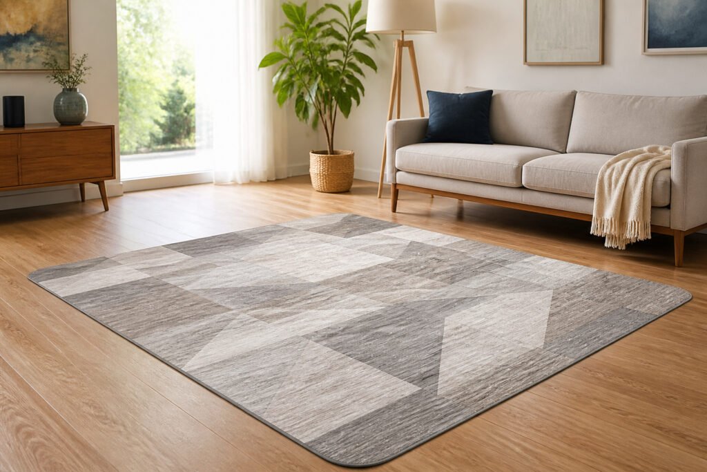 Tapis vinyle moderne geometrique gris et creme