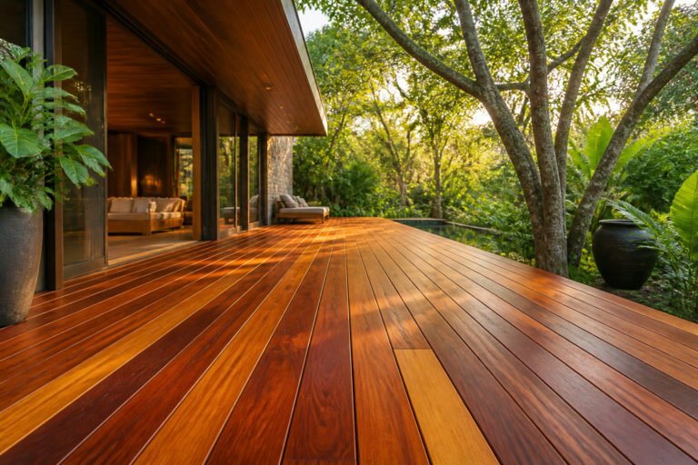 Terrasse de bois exotique baignee de soleil