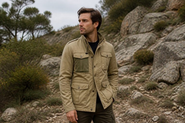 Homme en veste de terrain kaki