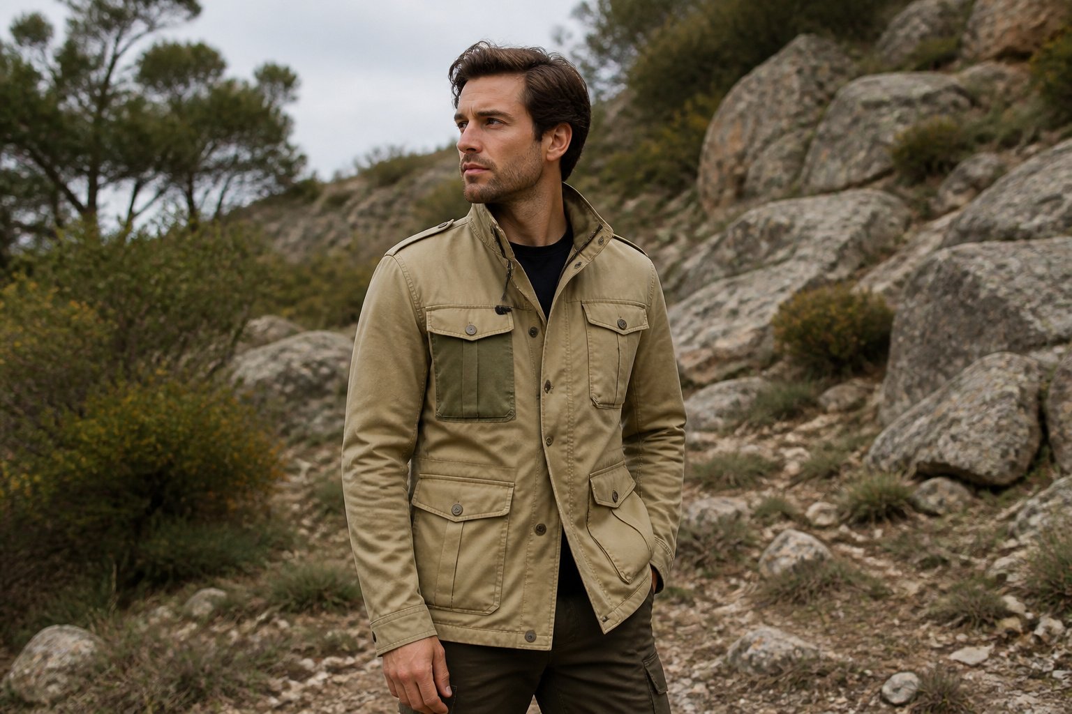 Homme en veste de terrain kaki