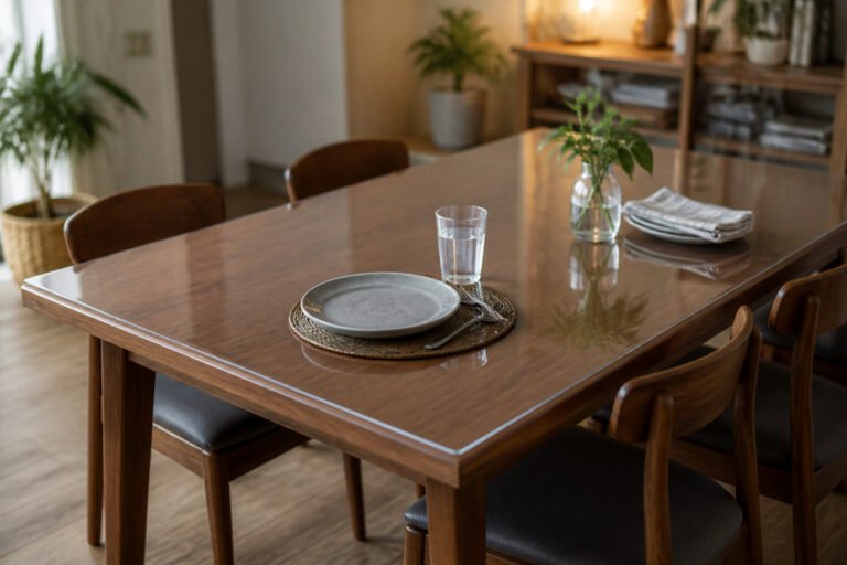 Table a manger protegee par une nappe transparente