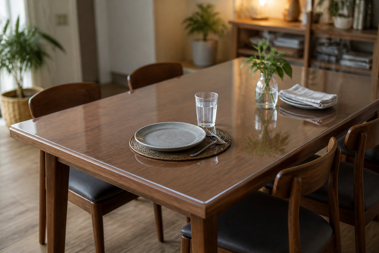 Table a manger protegee par une nappe transparente