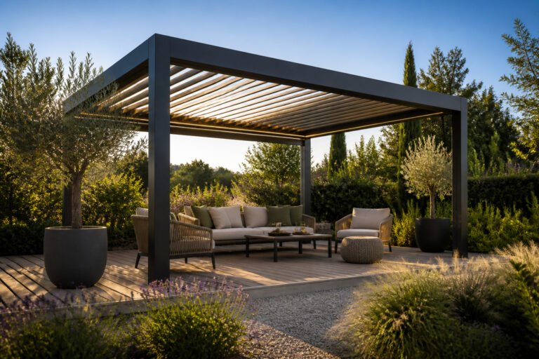 Pergola bioclimatique moderne et coin salon exterieur