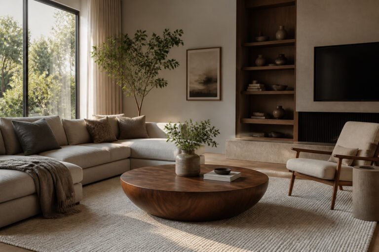 Salon moderne et elegant avec table basse en noyer
