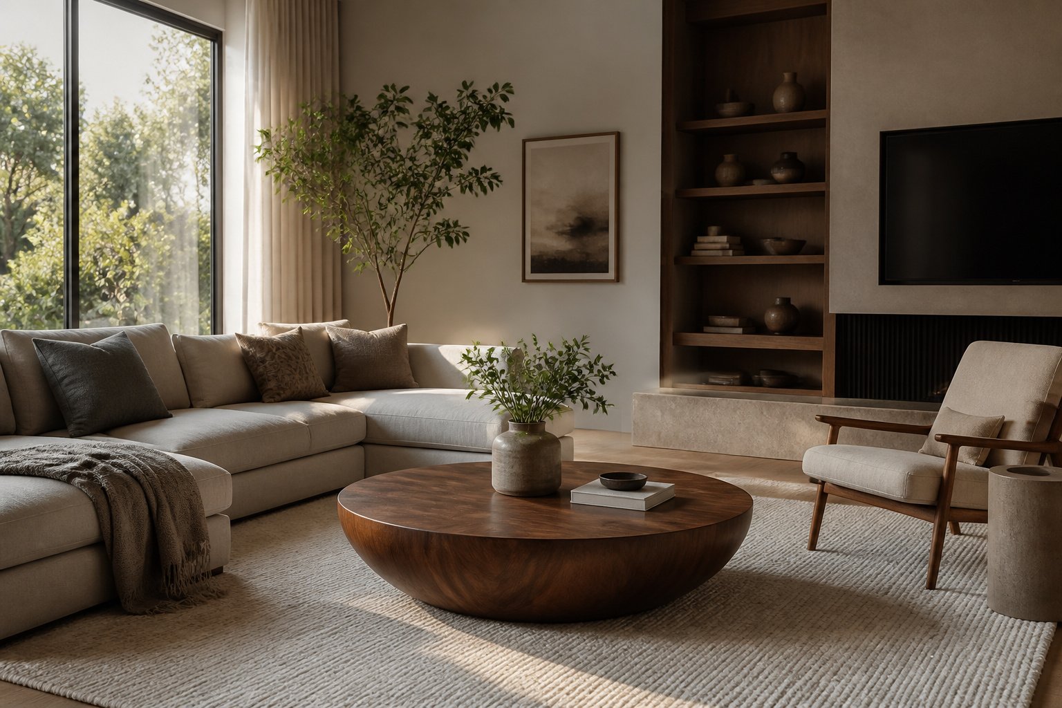Salon moderne et elegant avec table basse en noyer