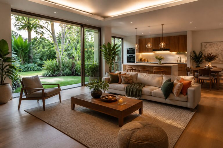 Salon moderne et lumineux avec jardin luxuriant
